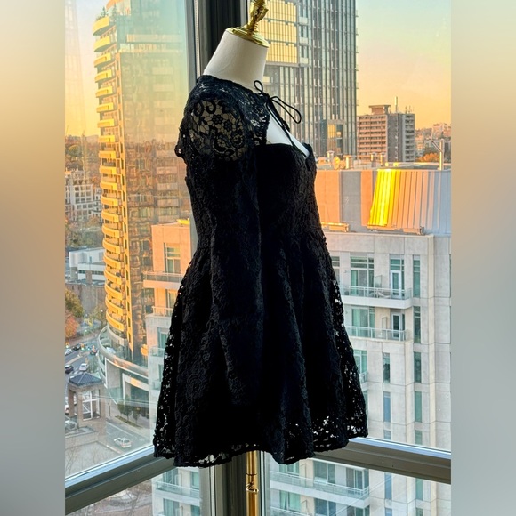 🆕 SELF-PORTRAIT 🧿 BNWOT Black Lace Tie-Neck Minidress, Sz US 6 / UK 10 - Picture 5 of 15